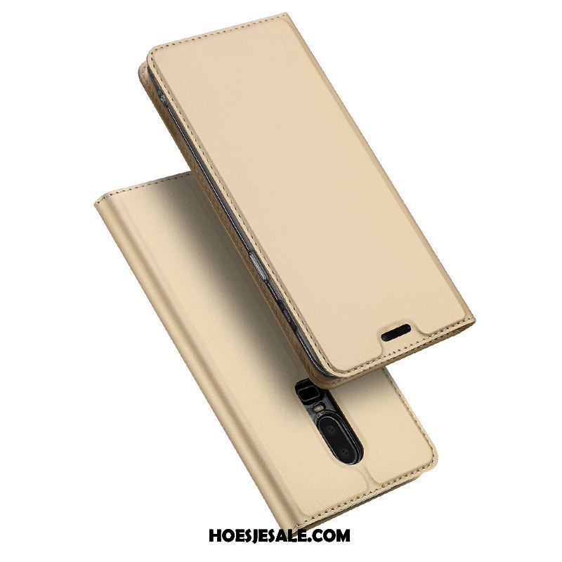 Oneplus 6 Hoesje Folio Goud Bedrijf Kaart Leren Etui Korting