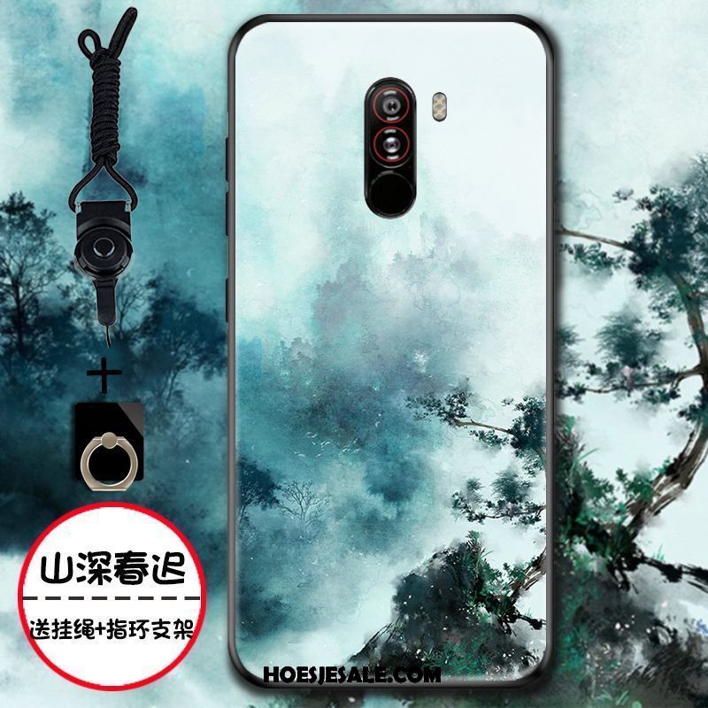 Pocophone F1 Hoesje Chinese Stijl Groen Mobiele Telefoon Bloemen Siliconen Goedkoop