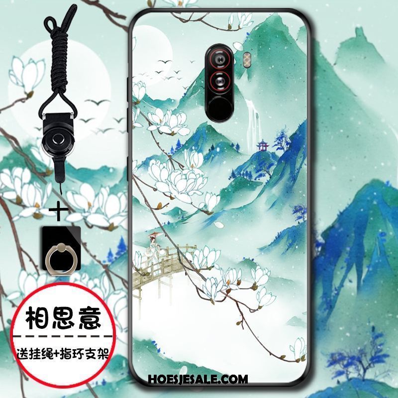 Pocophone F1 Hoesje Chinese Stijl Groen Mobiele Telefoon Bloemen Siliconen Goedkoop