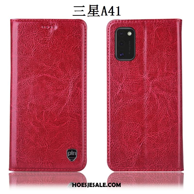 Samsung Galaxy A41 Hoesje Leren Etui Patroon Rood Hoes Folio Goedkoop