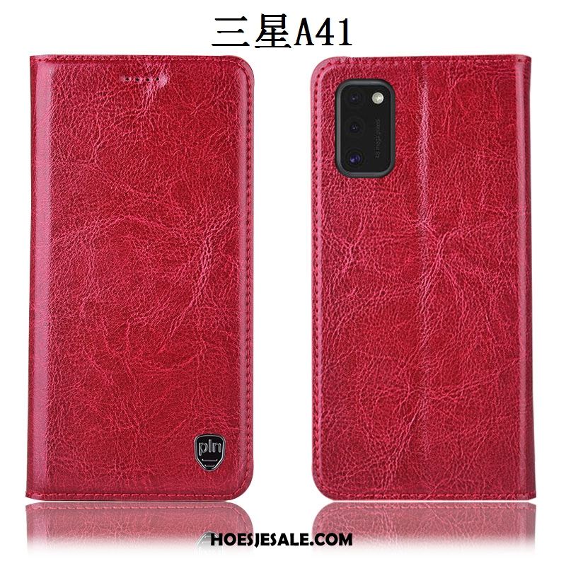 Samsung Galaxy A41 Hoesje Leren Etui Patroon Rood Hoes Folio Goedkoop