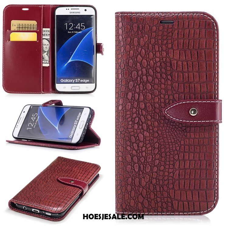 Samsung Galaxy S7 Edge Hoesje Leren Etui Folio Wijnrood Portemonnee Krokodillenleer Sale