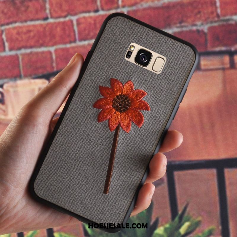 Samsung Galaxy S8 Hoesje Grijs Vintage Flanel Bloemen Borduurwerk Kopen