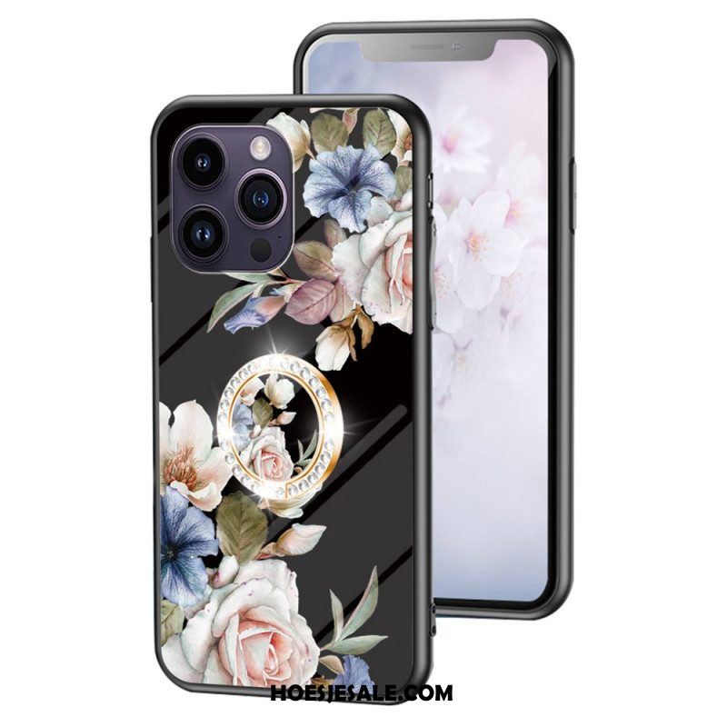 Telefoonhoesje voor iPhone 15 Pro Max Gebloemd Gehard Glas Met Steunring