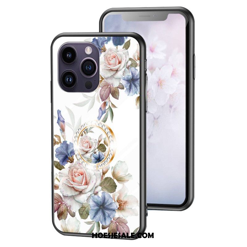 Telefoonhoesje voor iPhone 15 Pro Max Gebloemd Gehard Glas Met Steunring