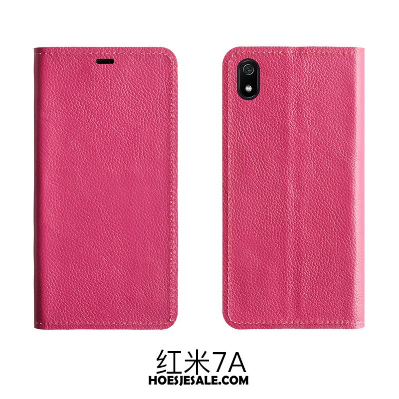 Xiaomi Redmi 7a Hoesje Bescherming Echt Leer Rood Patroon Clamshell