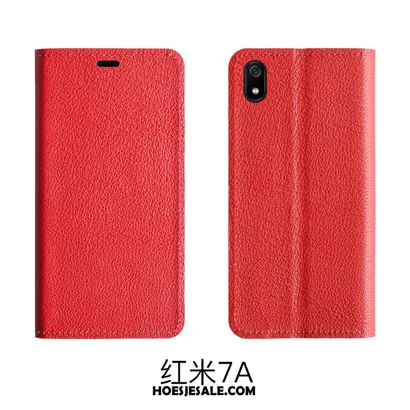 Xiaomi Redmi 7a Hoesje Bescherming Echt Leer Rood Patroon Clamshell