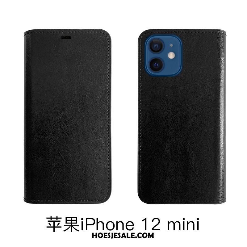 iPhone 12 Mini Hoesje Echt Leer Folio Koe Mobiele Telefoon Zwart Sale