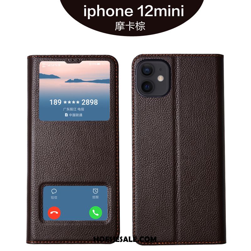 iPhone 12 Mini Hoesje Leren Etui Echt Leer High End Mobiele Telefoon Purper Goedkoop