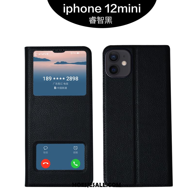 iPhone 12 Mini Hoesje Leren Etui Echt Leer High End Mobiele Telefoon Purper Goedkoop