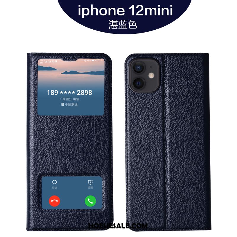 iPhone 12 Mini Hoesje Leren Etui Echt Leer High End Mobiele Telefoon Purper Goedkoop