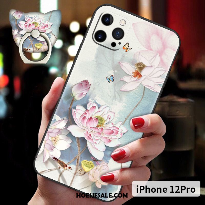 iPhone 12 Pro Hoesje Reliëf Nieuw Zacht Roze Chinese Stijl Goedkoop