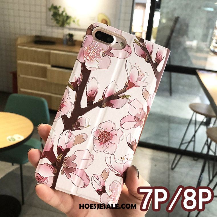 iPhone 7 Plus Hoesje Bloemen Reliëf Folio Roze Hoes Goedkoop