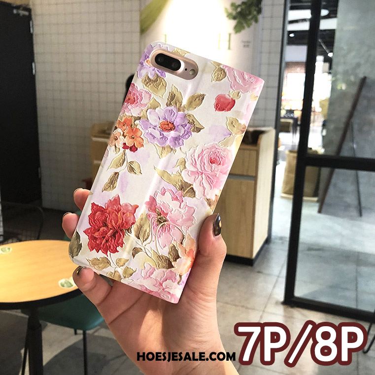 iPhone 7 Plus Hoesje Bloemen Reliëf Folio Roze Hoes Goedkoop