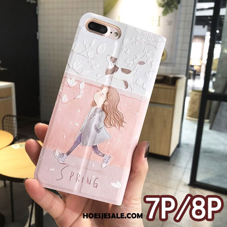 iPhone 7 Plus Hoesje Bloemen Reliëf Folio Roze Hoes Goedkoop