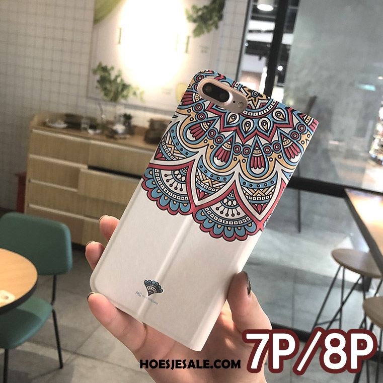 iPhone 8 Plus Hoesje Leren Etui Scheppend Bloemen Wit Reliëf Sale