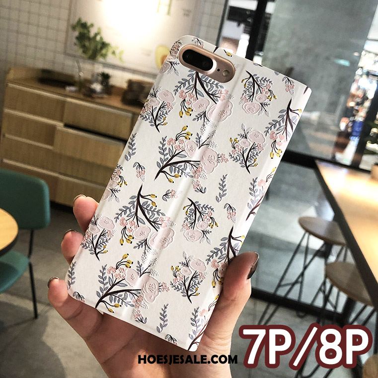 iPhone 8 Plus Hoesje Leren Etui Scheppend Bloemen Wit Reliëf Sale