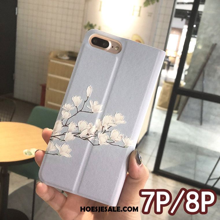 iPhone 8 Plus Hoesje Leren Etui Scheppend Bloemen Wit Reliëf Sale