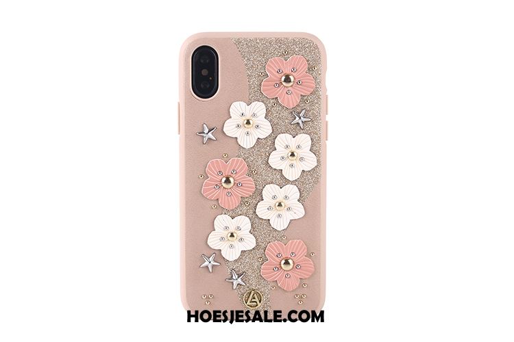 iPhone X Hoesje Bloemen Leren Etui Zwart Driedimensionaal Blauw Sale