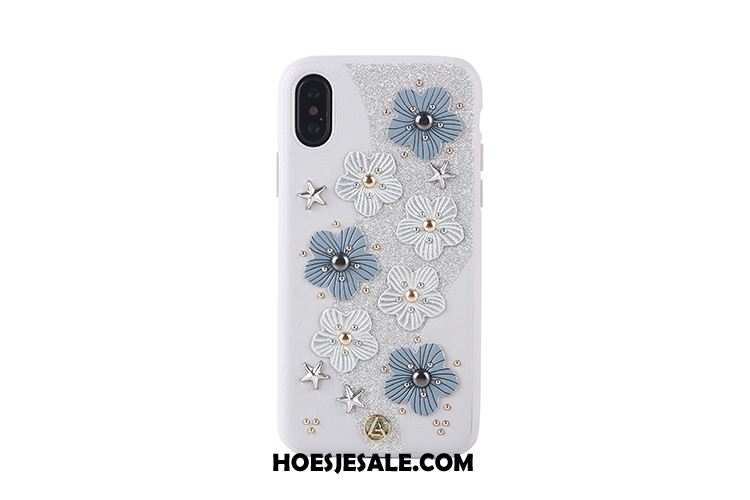 iPhone X Hoesje Bloemen Leren Etui Zwart Driedimensionaal Blauw Sale