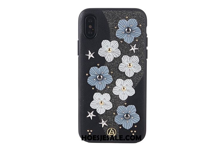 iPhone X Hoesje Bloemen Leren Etui Zwart Driedimensionaal Blauw Sale