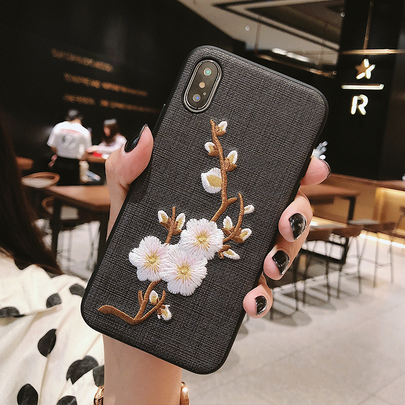 iPhone Xs Hoesje Doek Bloemen Zwart Chinese Stijl Hoes Goedkoop