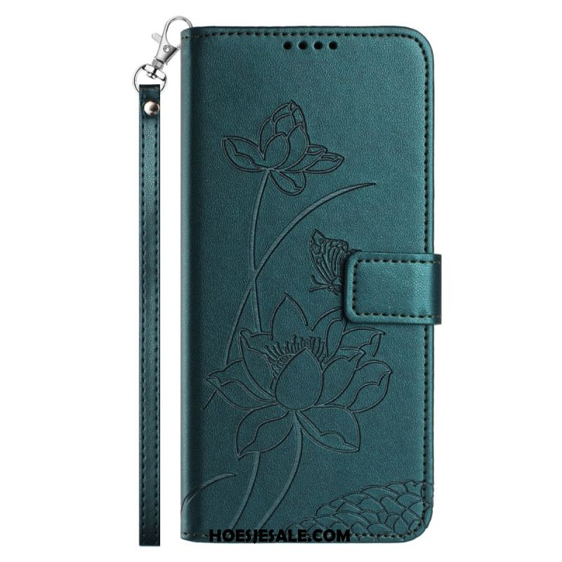 Flip Case Leren Samsung Galaxy S26 Plus Lotuspatroon Met Bandje