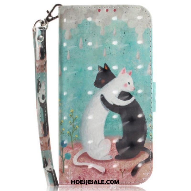 Flip Case voor Moto G73 5G Met Ketting Zwarte Kat Witte Kat Met Riem