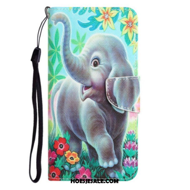 Flip Case voor Samsung Galaxy A54 5G Met Ketting Vrolijke Olifant Met Lanyard