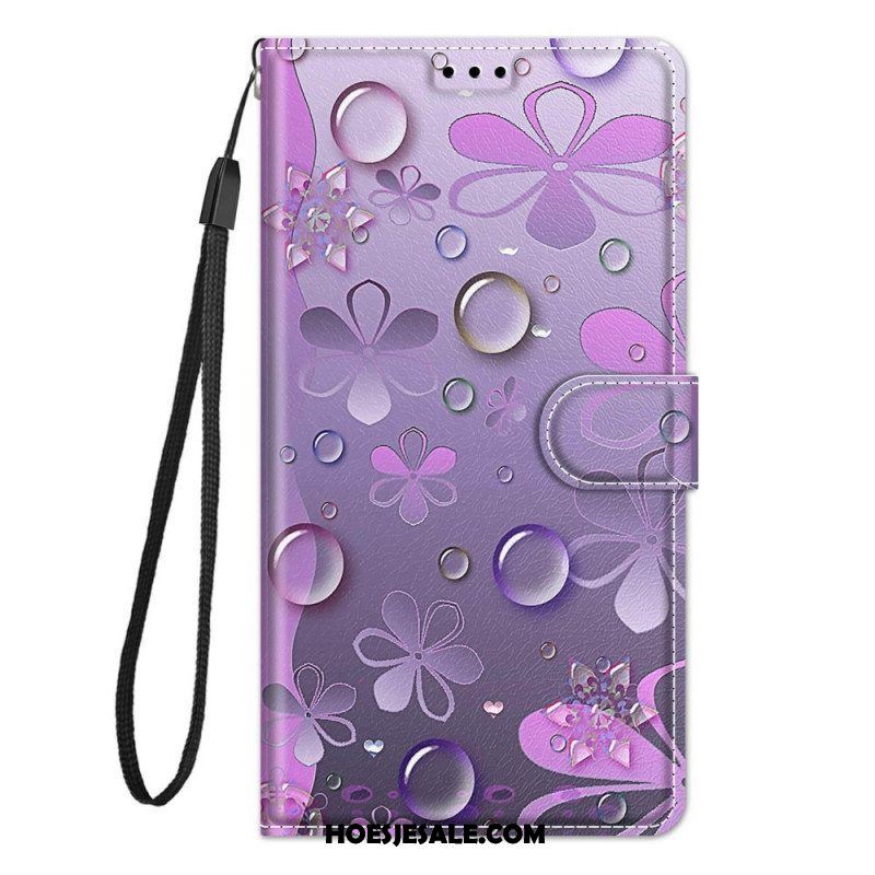 Flip Case voor Samsung Galaxy M23 5G Waterdruppels Met Lanyard