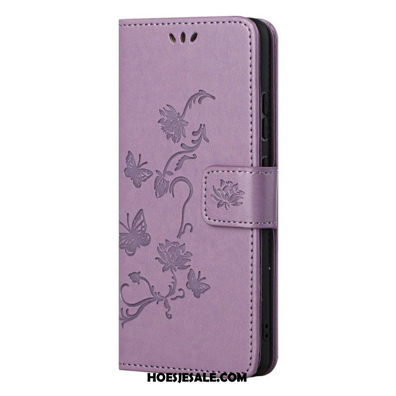 Flip Case voor Samsung Galaxy M52 5G Met Ketting Vlinders En Bloemen Riem