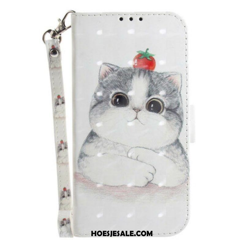 Flip Case voor Samsung Galaxy S21 FE Met Ketting Tomaat Op De Kat Met Een Riempje