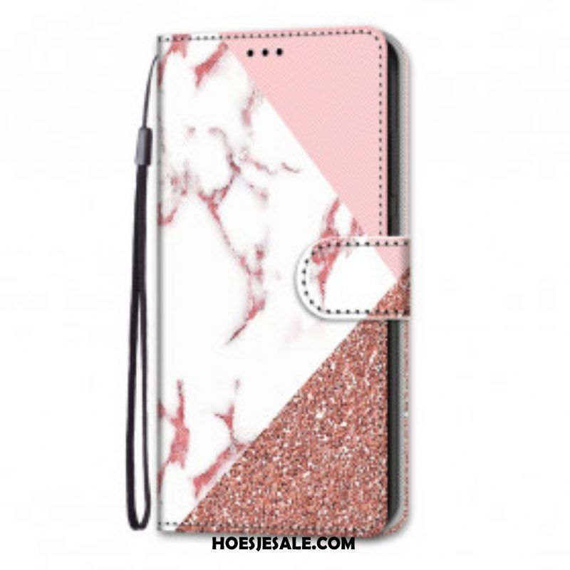 Flip Case voor Samsung Galaxy S21 Ultra 5G Marmer En Glitterdriehoek