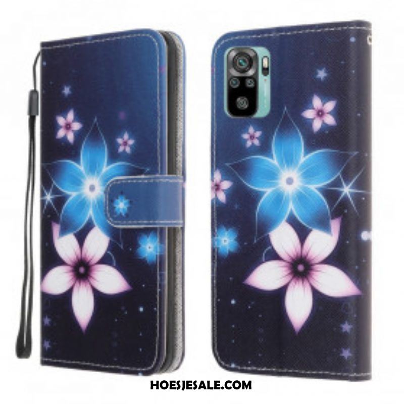 Flip Case voor Xiaomi Redmi Note 10 / 10S Met Ketting Maanband Bloemen