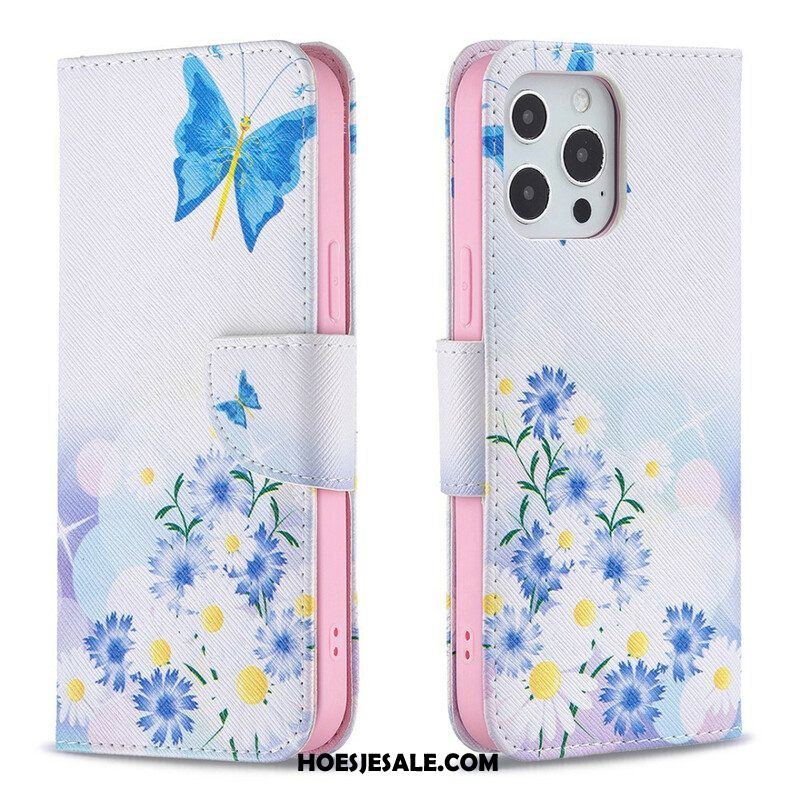 Flip Case voor iPhone 13 Pro Max Geschilderde Vlinders En Bloemen