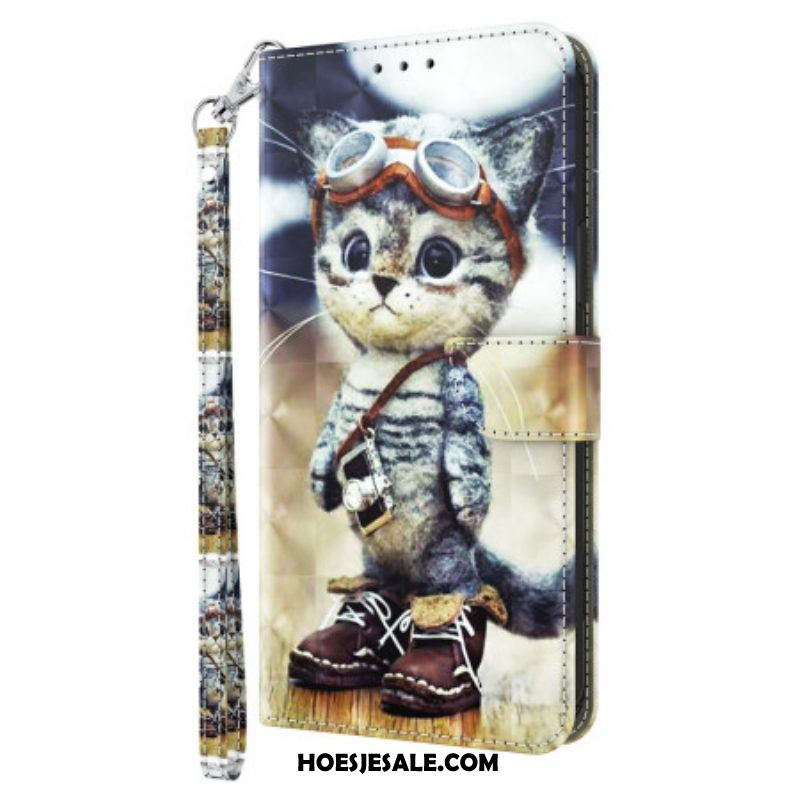 Flip Case voor iPhone 15 Pro Met Ketting Vliegenier Kat Met Riem