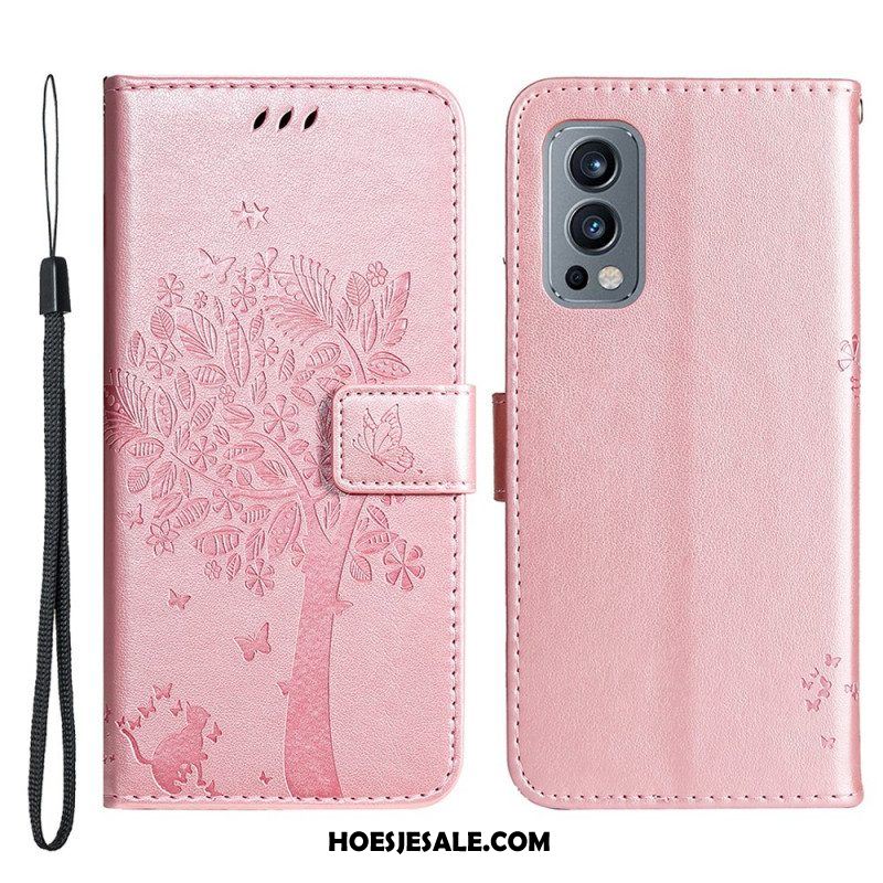 Folio-hoesje voor OnePlus Nord 2 5G Met Ketting Boom En Strappy Cat