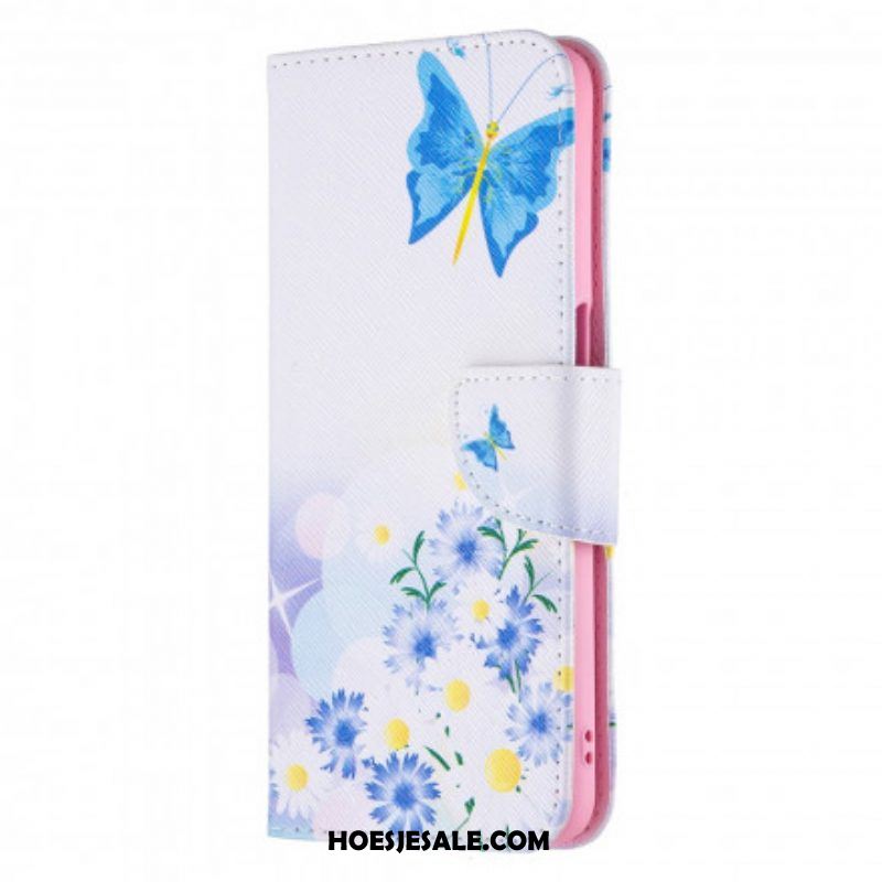 Folio-hoesje voor Oppo A54 5G / A74 5G Geschilderde Vlinders En Bloemen