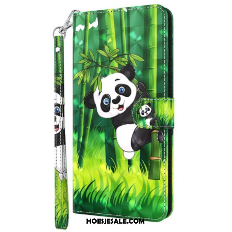 Folio-hoesje voor Oppo A54 5G / A74 5G Met Ketting Panda En Bamboe Met Lanyard