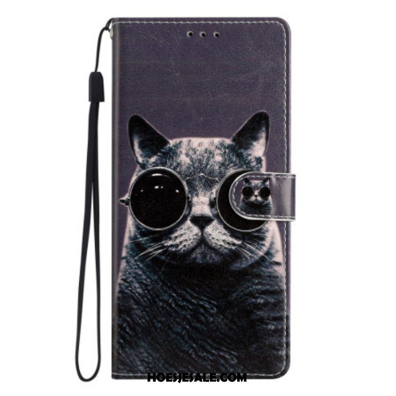 Folio-hoesje voor Samsung Galaxy A53 5G Bril Kat Met Lanyard