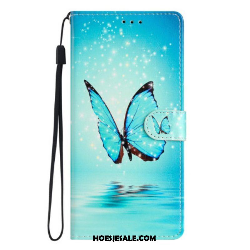 Folio-hoesje voor Samsung Galaxy A54 5G Met Ketting Blauwe Vlinder Met Riem