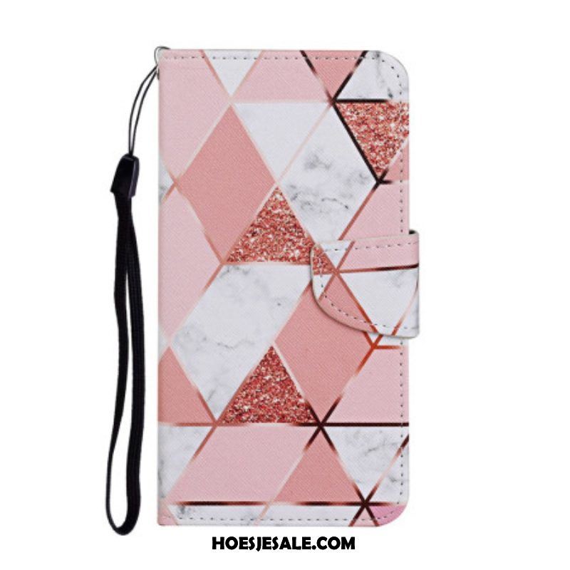 Folio-hoesje voor Samsung Galaxy A54 5G Met Ketting Marmer En Glitter Strappy