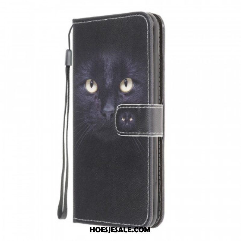 Folio-hoesje voor Samsung Galaxy M32 Met Ketting Strappy Zwarte Kattenogen