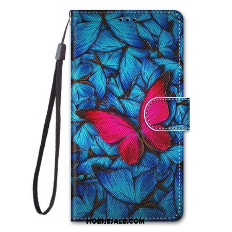 Folio-hoesje voor Samsung Galaxy S21 5G Rode Vlinder Blauwe Achtergrond