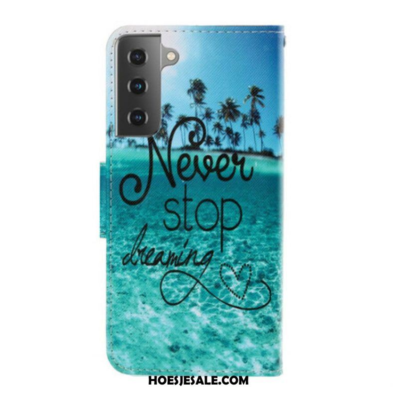 Folio-hoesje voor Samsung Galaxy S21 Plus 5G Met Ketting Stop Nooit Met Dromen In Marineblauwe Bandjes