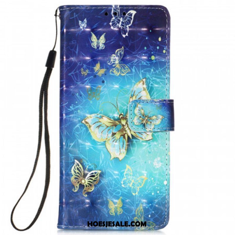 Folio-hoesje voor Samsung Galaxy S22 Ultra 5G Gouden Vlinders Lanyard