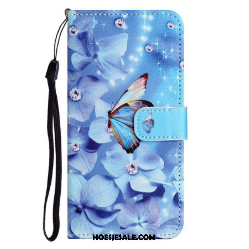 Folio-hoesje voor Samsung Galaxy S23 5G Met Ketting Strappy Diamanten Vlinders