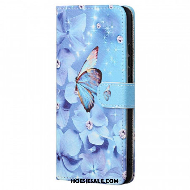 Folio-hoesje voor Xiaomi Redmi Note 11 / 11S Met Ketting Strappy Diamanten Vlinders