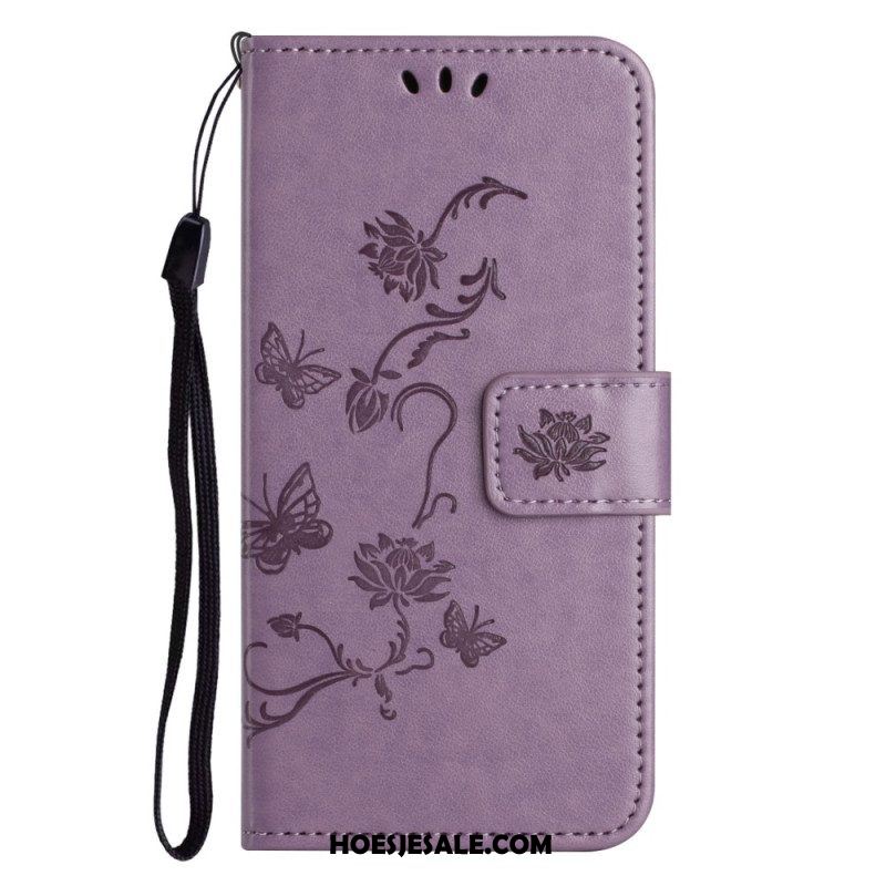 Folio-hoesje voor Xiaomi Redmi Note 12 4G Met Ketting Bloemen En Vlinders Met Riem