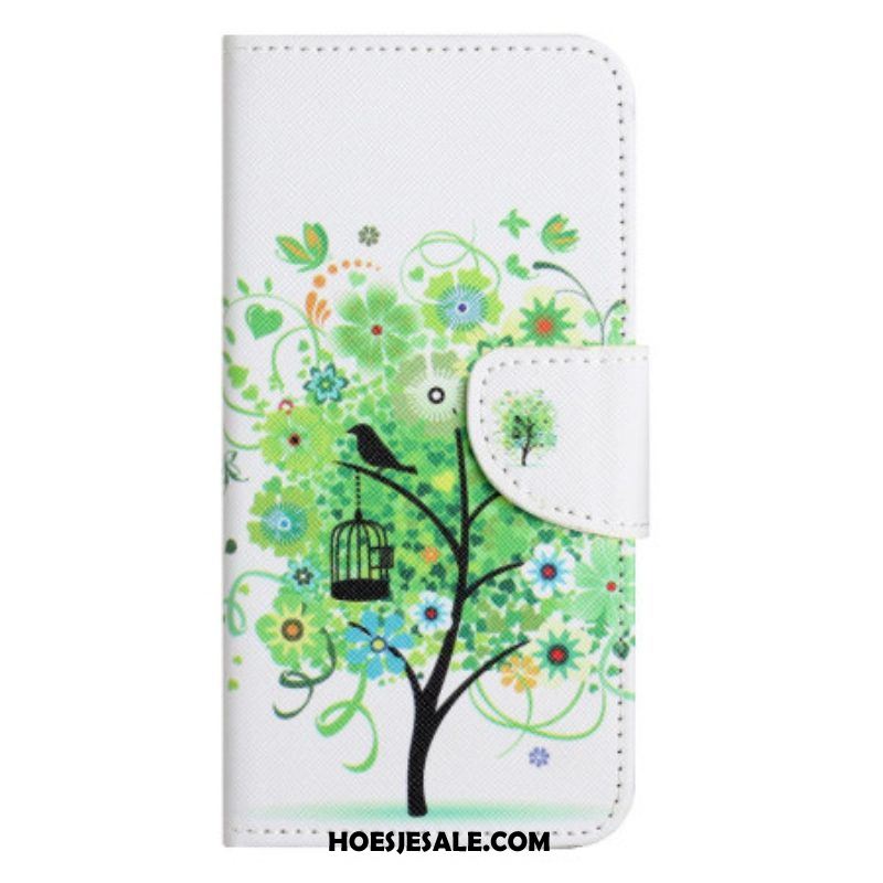 Folio-hoesje voor Xiaomi Redmi Note 12 5G Met Ketting Groene Gebladerte Riem Boom